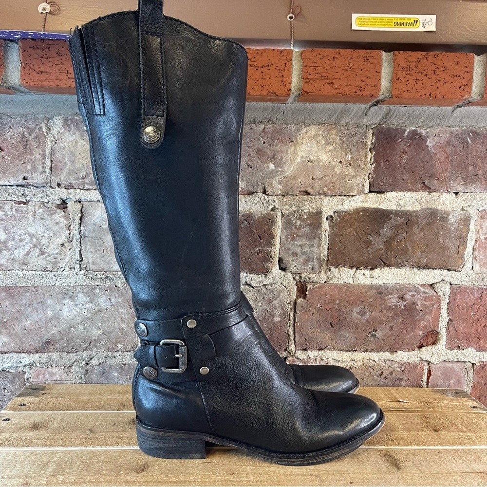 Sam Edelman Poe Leather Knee High Boots Black Strappy Fall Winter Sz 7.5